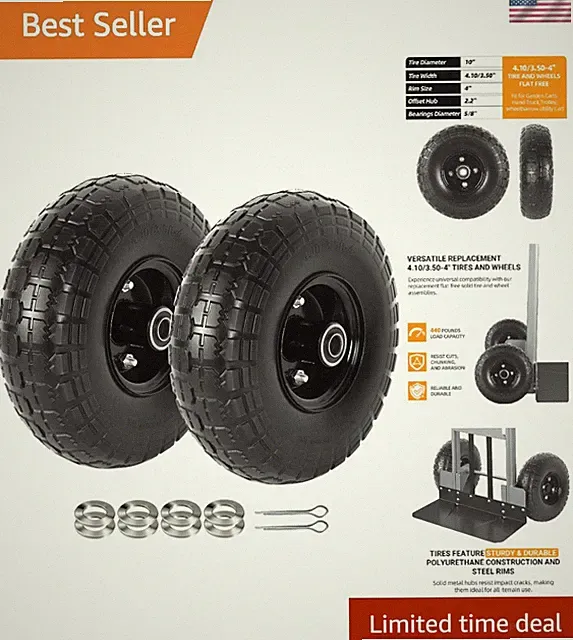 2-Pack 10-Inch Solid Tires Wheels, 4.10/3.50-4 Flat-Free Tire Replacement wit...