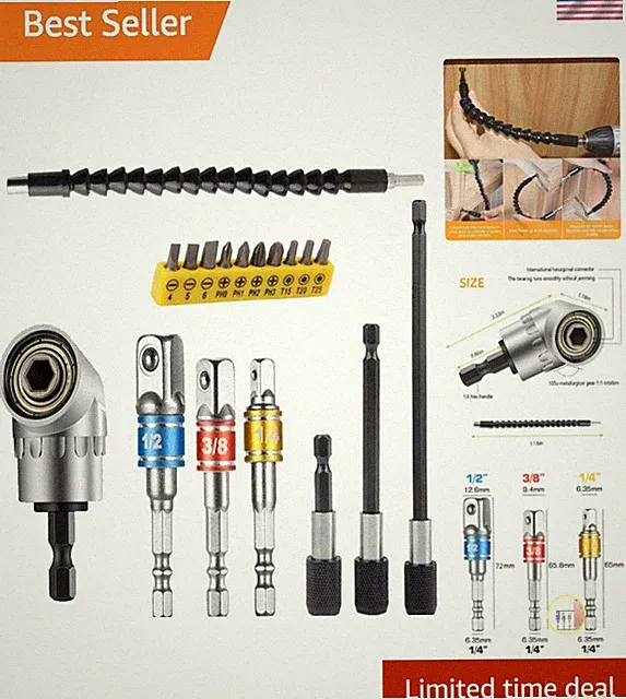 Complete Drill Bit Extension Set: 105° Right Angle, 3 Universal Socket Adaptors